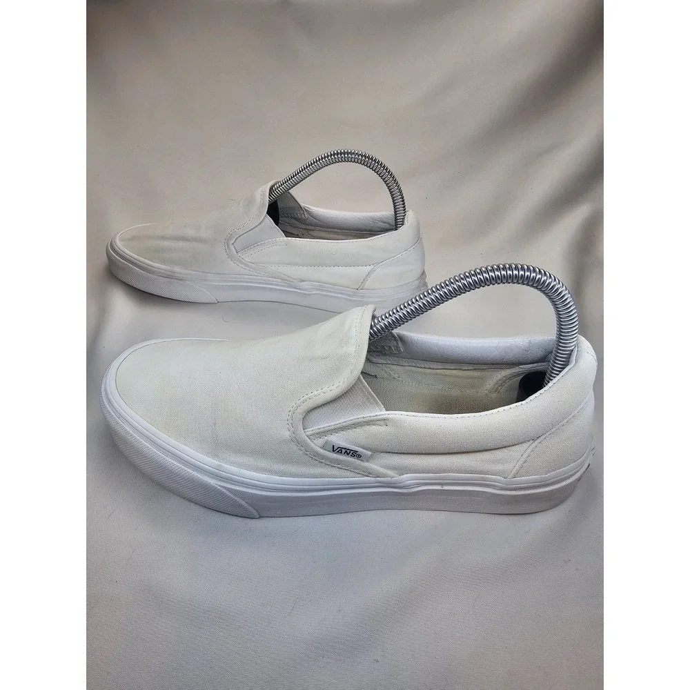 Vans Classic Slip On White Canvas Skate Shoes Mens 7 Womens 8.5 Low Top Sneakers